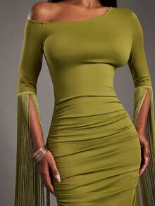 NYA SZN Dress Asymmetrical Off The Shoulder Long Sleeve Bodycon Fitted Ruche Fringe Detail Green Easter Valentine's Day St. Patrick's Day Spring Break Spring Summer Boho Elegant Luxury Event Party Occasion Mini Length Outfits For Women - Green - View 6