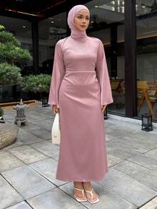DAZY Modest Dusty Pink Long Dress With Flared Sleeves For Women Wedding Ninang,Autumn Elegant Formal Party Sundress,Spring/Summer Shawl Scarf Wrap Set - Pink - View 5