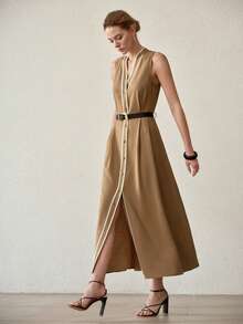 MOTF PREMIUM Đầm dài nữ cài cúc phía trước, thắt lưng, viền tương phản. - Màu Khaki - Xem 6