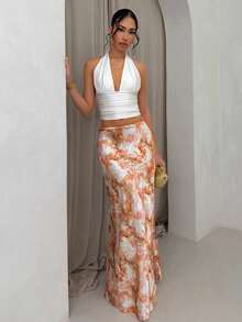 Glamine Chân váy chữ A thanh lịch, đa năng, chất liệu satin in hoa, thích hợp cho mùa hè, kiểu dáng ôm sát thời trang. - Màu vàng - Xem 4