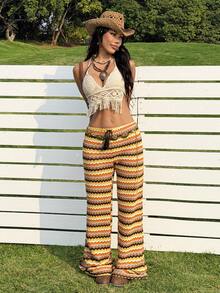 SHEIN EZwear Women's Casual Striped Drawstring Waist Wide Leg Pants, Summer - Multicolor - View 8