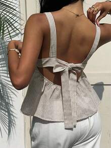 Aloruh Women's Vacation Casual Striped Backless Tie Strap Camisole - Khaki - View 6