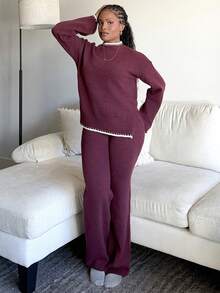 Tyla Gomez 2pcs Women Contrast Trim Long Sleeve Sweater Top And Pants Set Fall Winter Cloth For Women - Burgundy - View 1