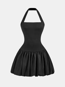 SHEIN 少女休闲时尚黑色吊带修身迷你连衣裙泡泡裙 - 黑色 - 查看 5