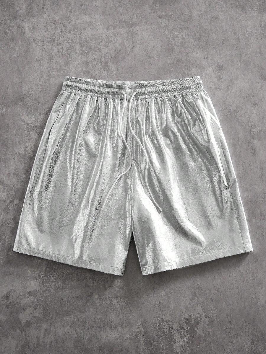 ROMWE MEN Street Life Men's Casual Drawstring Waist Silver 5-Inch Shorts - Silver - View 1
