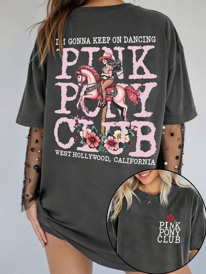 SHEIN EZwear Plus Size Western Style Slogan Print T-Shirt, Summer Casual