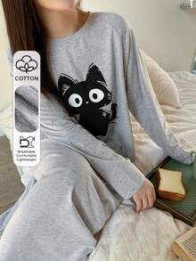 Dazy Plus Cartoon Cat Print Pattern Loose Round Neck Straight T-Shirt Style Sleepwear, Spring/Autumn - Grey - View 1