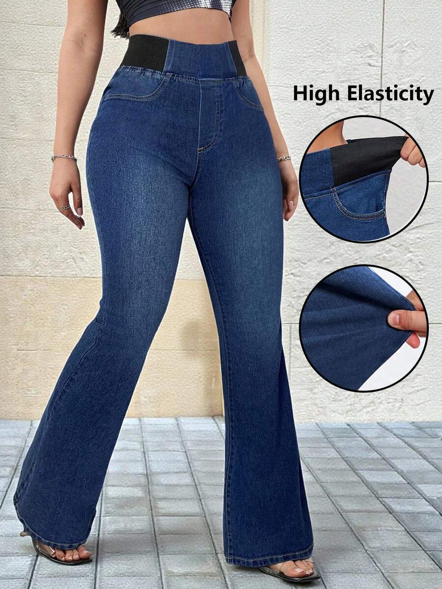 GalTyme 大码女式纯色休闲喇叭牛仔裤 - 藍色 - 查看 1