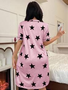 SHEIN American Casual Star Print V-Neck Short Sleeve Women Nightgown Womens Pj Sets Sleep Wear Women Pink Sleepwear Women Lounge Wear Sets Pajama Sets For Women Pink - Pink - View 2