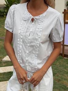 Striped Puff Sleeve Casual Pleated Women Shirt Summer - Blue - View 5
