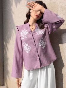 Seusyu 女士紫色时尚简约宽松V领刺绣长袖衬衫 - 紫色 - 查看 2