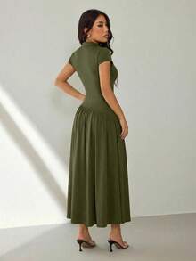 SHEIN PETITE Women's Elegant Solid Color Waist Cinched Long Dress, Suitable For Commuting - Army Green - View 2