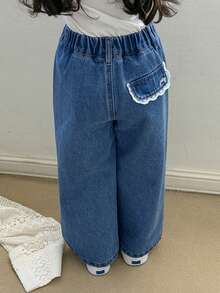 DAZY 少女字母刺绣撞色蕾丝松紧腰宽松休闲牛仔裤 - 藍色 - 查看 1