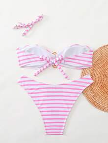 Swim Mod Bộ bikini 3 mảnh kiểu dáng châu Âu và Mỹ mới, gợi cảm, họa tiết sọc, điểm nhấn kim loại, đồ bơi đi biển cho nữ, bikini sọc, bộ bikini không dây, bikini màu hồng trắng, bộ bikini mùa hè. - Nhiều màu - Xem 4