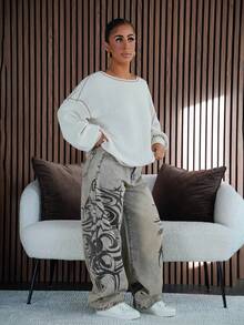 SAYEHFBABY Fashionable Casual Street Style Retro Print Wide Leg Jeans - Medium Wash - View 4