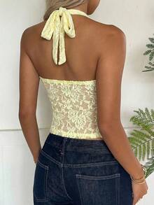 SHEIN CovetEZ New Arrival Sexy Lace Semi-Sheer Yellow Blouse For Women, Summer - Light Yellow - View 2