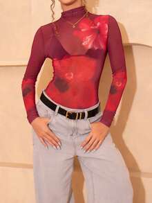 juhmazzocco Women's Spring&Summer Floral Print Stand Collar Long Sleeve See-Through Sexy Bodysuit - Red - View 6