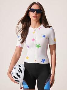 Exploreva Women's Star Pattern Mesh Patchwork Zipper Cycling Jersey - Multicolor - View 6