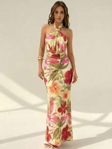 Aloruh 女士性感印花露背吊带上衣和半身裙两件套，度假装 - 黃色 - 查看 5