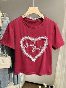 Resyla Áo thun crop top nữ tối giản, viền ren, thời trang, thích hợp làm quà tặng cho bạn bè. - Màu Đỏ Sâu - Xem 4