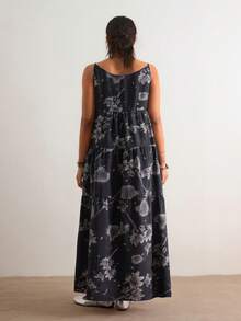 SHEIN VCAY Đầm không tay màu xám họa tiết vintage phong cách Bohemian mùa xuân/hè mới, chân váy dài xòe rộng phối nhiều mảnh vải, kiểu dáng retro phù hợp cho công sở và kỳ nghỉ, ôm dáng đến mắt cá chân. - Màu xám đen - Xem 8