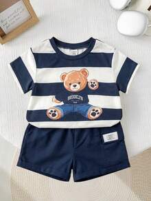 Set de 2 piezas de camiseta a rayas y pantalones cortos con estampado de oso para bebé niño - Multicolor - Ver 5