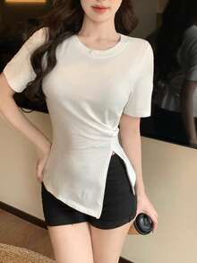 DAZY 女士夏季新款休闲简约扭结设计短袖T恤 - 白色 - 查看 2