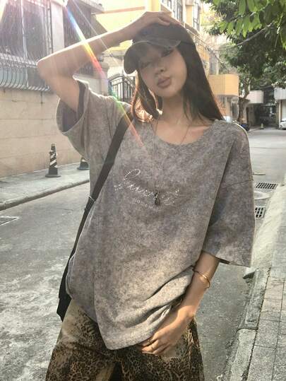 DAZY Women's Rhinestone Embellished Hip Hop T-Shirt, Distressed Vintage Graphic Tee, Short Sleeve Pullover