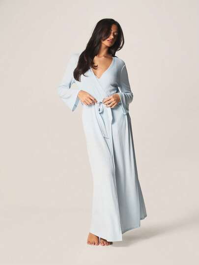 MISSGUIDED Light Blue Pointelle Long Sleeve Wrap Robe With V-Neck And Tie Belt For Loungewear Comfort