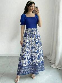 SHEIN 少女纯色泡泡袖拼接印花下摆连衣裙 - 藍色 - 查看 3