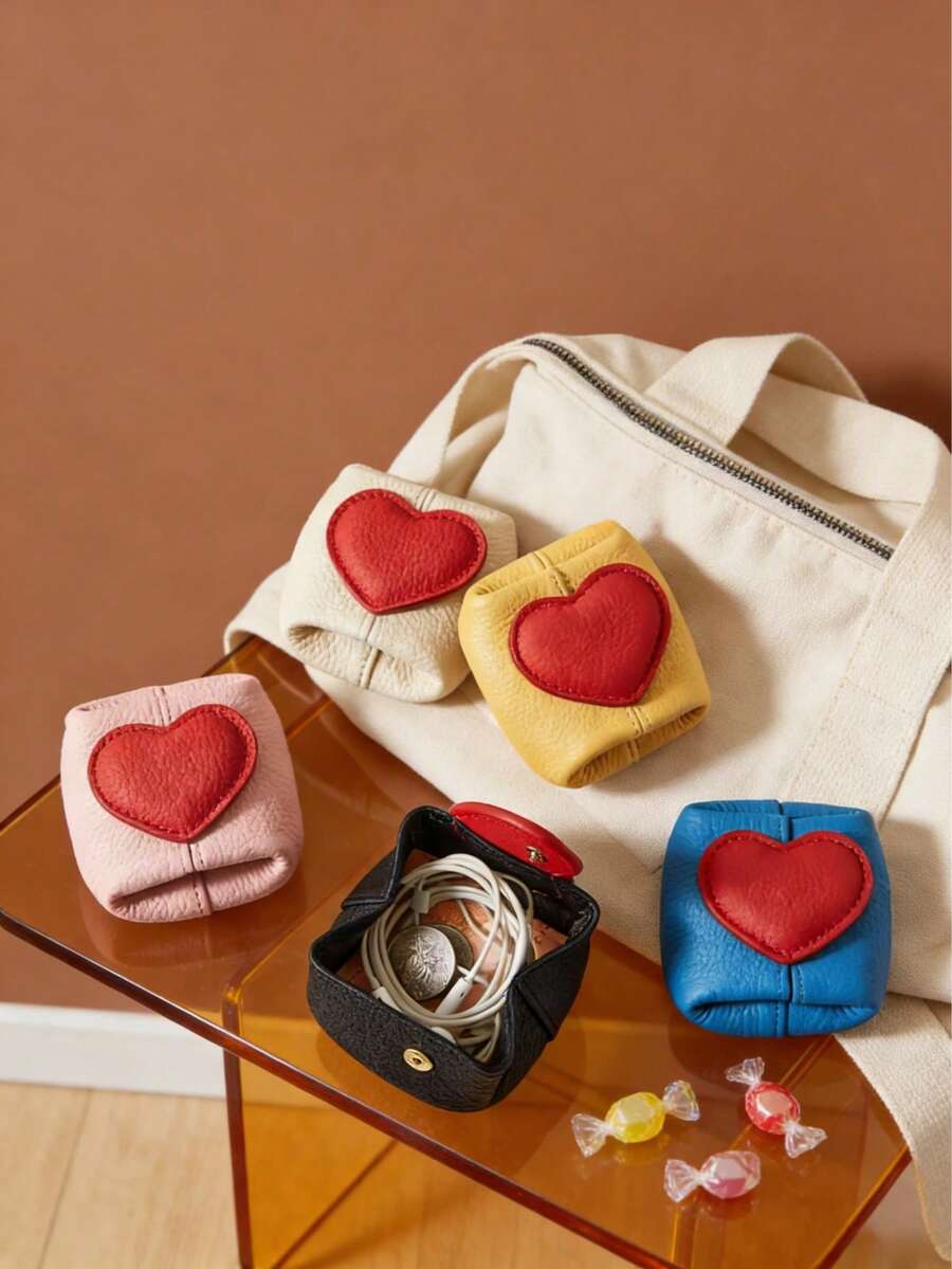 Zazumi Cute Color Block Heart Shaped Coin Purse, Portable Mini PU Leather Storage Pouch, Multi-Functional Earphone Data Cable Organizer Bag - Multicolor - View 1