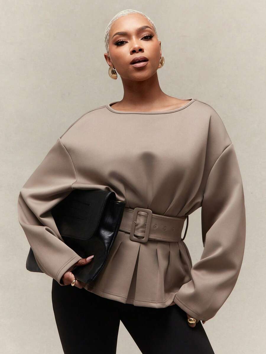 Vixey Women's Solid Drop Shoulder Pleated Peplum Belted Cocoon Sleeve Top - Brown - View 1