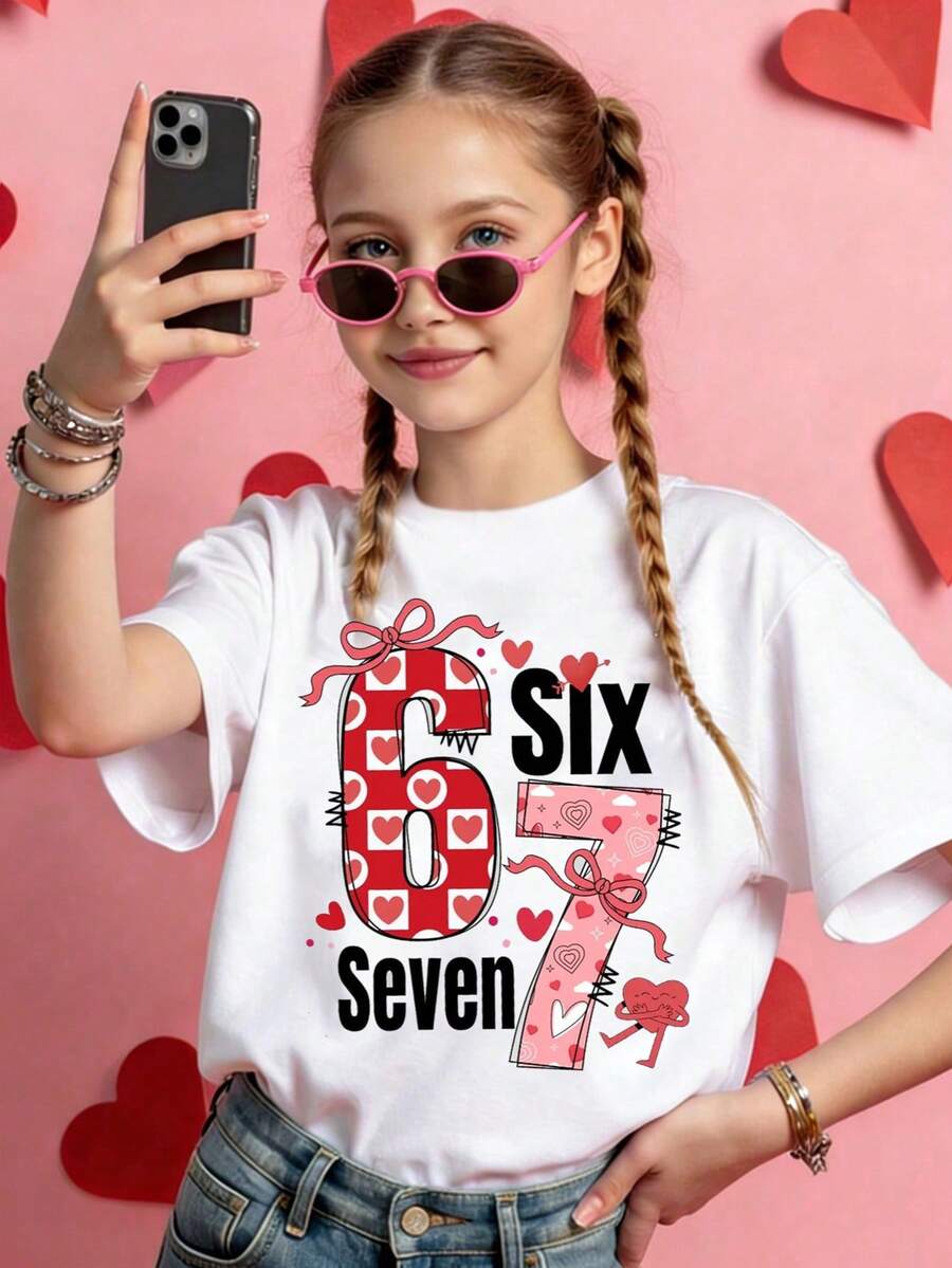 SHEIN 春夏休闲时尚创意个性清新别致简约格子、爱心、花卉、数字67、蝴蝶结、字母印花基础款短款T恤，舒适日常穿着，温暖的夏秋风格，适合春、夏、秋季少女穿着 - 白色 - 查看 1