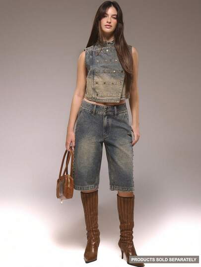 MUSERA 铆钉细节双扣牛仔短裤，冬季可爱街头风，休闲西部风，褪色设计