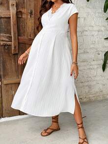 SHEIN 孕妇V领蕾丝开衩设计休闲派对度假连衣裙 - 白色 - 查看 6