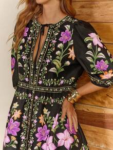 CAJUNI Women's Floral Print Ruffle Tie Neck Casual Vacation Mini Dress - Multicolor - View 4