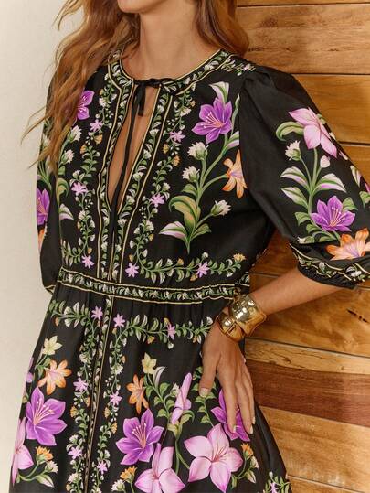 CAJUNI Women's Floral Print Ruffle Tie Neck Casual Vacation Mini Dress