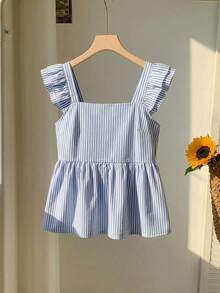 Franclia 2026新款女士蓝白条纹方领衬衫，荷叶边袖口，双层荷叶边饰边，短款休闲办公简约度假风 - 藍白色 - 查看 3