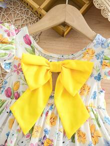 Babygirl Cute Sweet Floral Pattern Bowknot Cap Sleeve Dress - Yellow - View 6