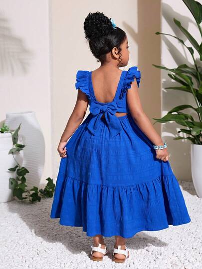 Young Girl Fashionable Blue Square Neck Flutter Sleeve Maxi Dress, Backless Bow Decor, Bohemian Style Dress, Comfortable Draping, Black & White Totem Print, Minimalist Elegant, Suitable For Spring/Summer Party, Outing, Vacation, Beach