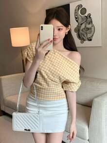 DAZY 女士格子不对称肩短袖T恤 夏季 - 芥末黃 - 查看 5