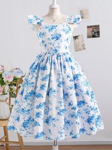 Elladie kids Tween Girls' Fashion Butterfly Print Cap Sleeve Dress - Blue - View 2