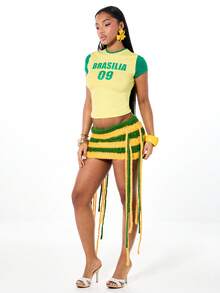 SUMWON WOMEN Striped Crochet Tassel Mini Skirt With Fringe Details Asymmetric Hem Festival Beach Summer Party Vacation Boho Chic Style - Multicolor - View 3