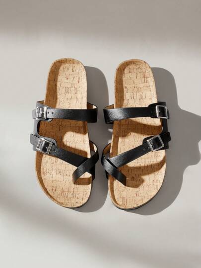 Solecia 女士平底套脚凉鞋，圆头设计，双带搭扣装饰，无后跟，舒适简约风格，适合度假和通勤，黑色，春夏款