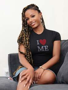 Steph T Women's Casual Minimalist Rhinestone Decor Slogan Letter Print Short Sleeve Round Neck T-Shirt, Suitable For Summer - Black - View 6