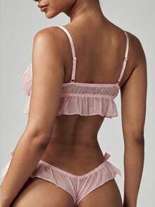 MISSGUIDED Lingerie Set Lace Mesh Bra And Ruffle Panty Two Piece Intimate Apparel For Valentine's Day - Pink - View 2