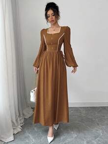 Mulvari Women's Woven Yellow Square Neck Ruffle Tie Waist Button Front Dress - Mocha Brown - View 3