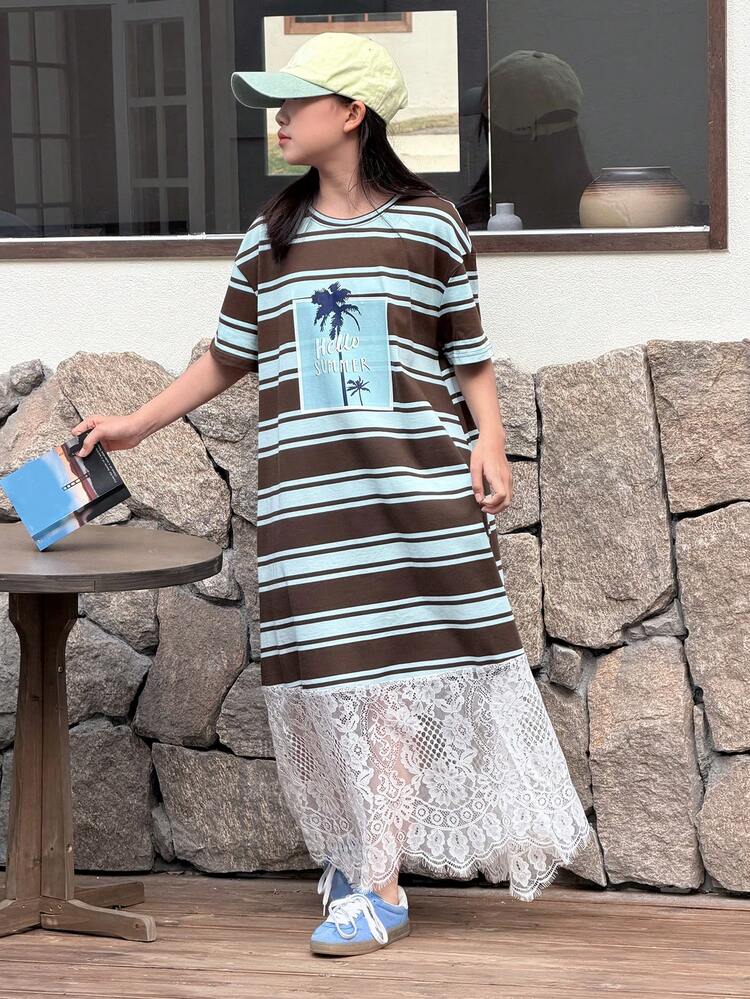 Tween Girl Striped & Lace Patchwork Casual Short Sleeve Dress