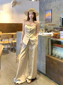 DAZY Bộ đồ nữ mùa hè gồm áo quây định hình và quần cargo vải lanh kiểu Hàn Quốc thoải mái. - Màu Khaki - Xem 6