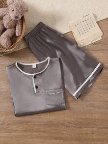 2pcs Casual Comfortable Soft Solid Color Polo Collar Short Sleeve Top And Shorts Pajama Set For Teenage Boys - Dark Grey - View 1